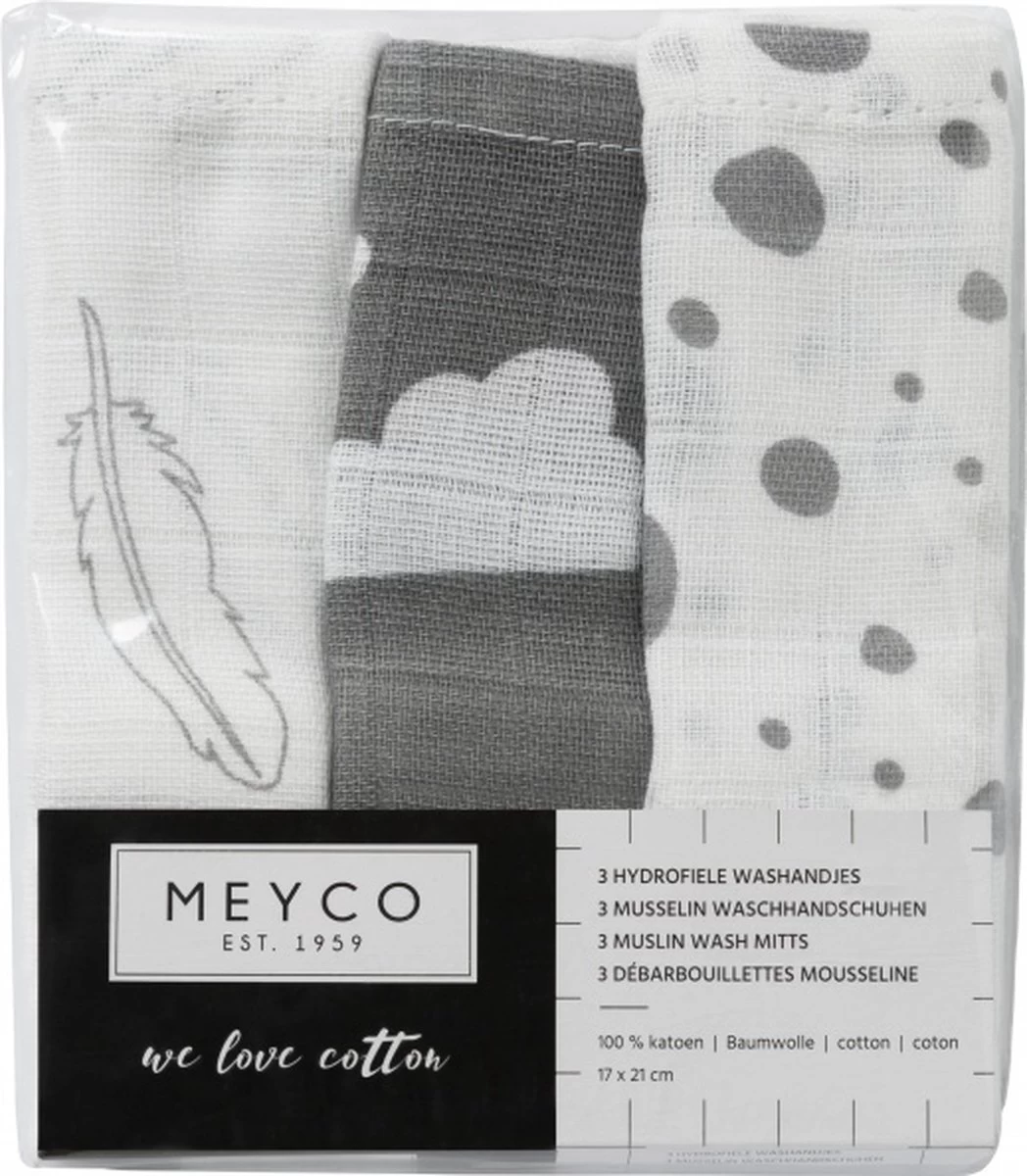 Meyco Hydrofiele Washandjes 3-pack - Feathers-Clouds-Dots - Grijs/Wit 3 Meyco Hydrofiele Washandjes 3-pack - Feathers-Clouds-Dots - Grijs/Wit - Afbeelding 3