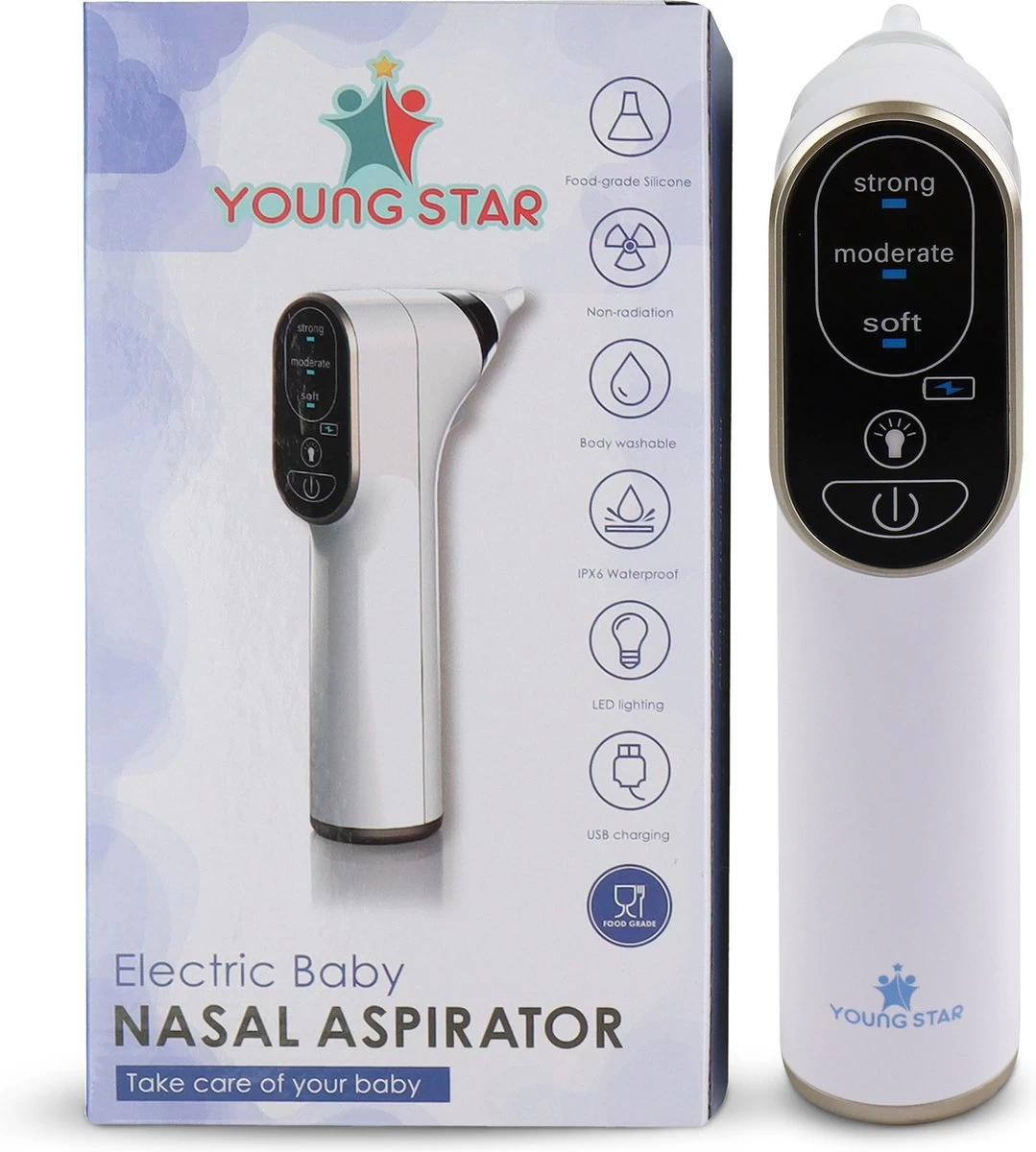 Young Star Baby - Elektrische Neusreiniger Baby - Neuszuiger Met USB - Neuspeer - Neusdouche - Snotverwijderaar 1 Young Star Baby - Elektrische Neusreiniger Baby - Neuszuiger Met USB - Neuspeer - Neusdouche - Snotverwijderaar