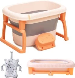 K IKIDO Babybadje - Bad Baby - Opvouwbare Babybadje - Babybadkuip - Met Steunkussen & Badkruk - Opvouwbaar Bad Kinderen - Bath Bucket - Oranje -Babyartikelen Winkel 1154x1200 2
