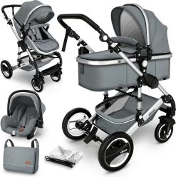 KIDUKU- 3 In 1 Combi-kinderwagen- Grijs/zilver- Buggy Incl. Autostoeltje-regenhoes- Inklapbaar