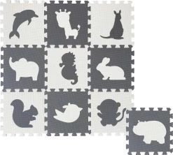 Merkloos Dieren Foam Puzzel Speelmat - 10 Speelmatten - Uitneembare Figuren - Grijs - Wit - Puzzelmat 90x90x1cm