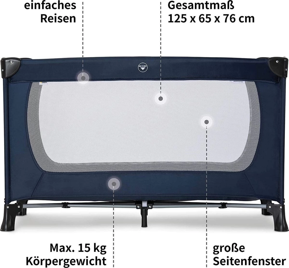 Hauck Dream N Play Plus Campingbedje Set - Met Matras En Muggennet - Navy 2 Hauck Dream N Play Plus Campingbedje Set - Met Matras En Muggennet - Navy - Afbeelding 2