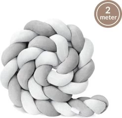 Bedbumper - Bedomrander - Bedbumper Ledikant - Bedbumper Gevlochten - Boxomrander - Babykamer Accessoires - 2 Meter - Katoen - Grijs/wit