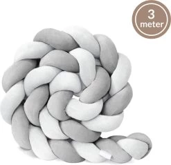 Bedbumper - Bedomrander - Bedbumper Ledikant - Bedbumper Gevlochten - Boxomrander - Babykamer Accessoires - 3 Meter - Katoen - Grijs/wit