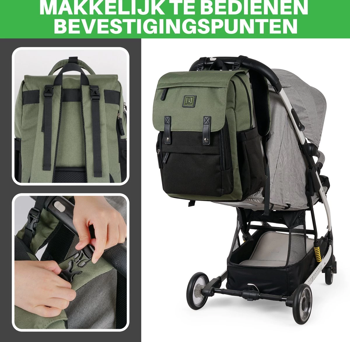 Brisby Slijtvaste Luiertas – Verzorgingstas - Two Tone Groen En Zwart - Inclusief Verschoonmatje - Isoleervakken - Met Geïntegreerde Kinderwagen Haken 9 Brisby Slijtvaste Luiertas – Verzorgingstas - Two Tone Groen En Zwart - Inclusief Verschoonmatje - Isoleervakken - Met Geïntegreerde Kinderwagen Haken - Afbeelding 9