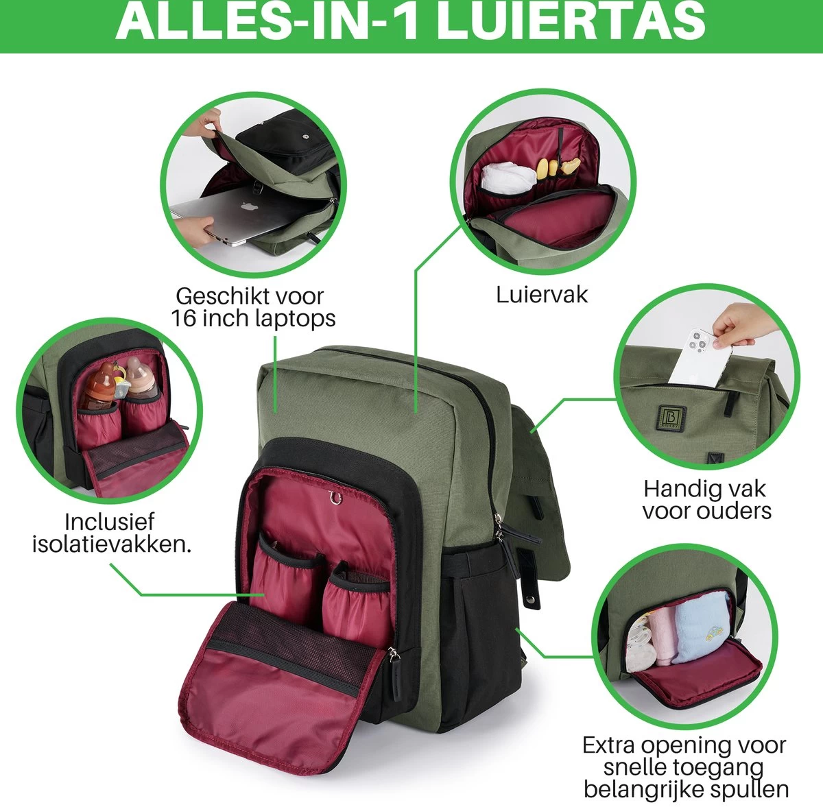 Brisby Slijtvaste Luiertas – Verzorgingstas - Two Tone Groen En Zwart - Inclusief Verschoonmatje - Isoleervakken - Met Geïntegreerde Kinderwagen Haken 3 Brisby Slijtvaste Luiertas – Verzorgingstas - Two Tone Groen En Zwart - Inclusief Verschoonmatje - Isoleervakken - Met Geïntegreerde Kinderwagen Haken - Afbeelding 3
