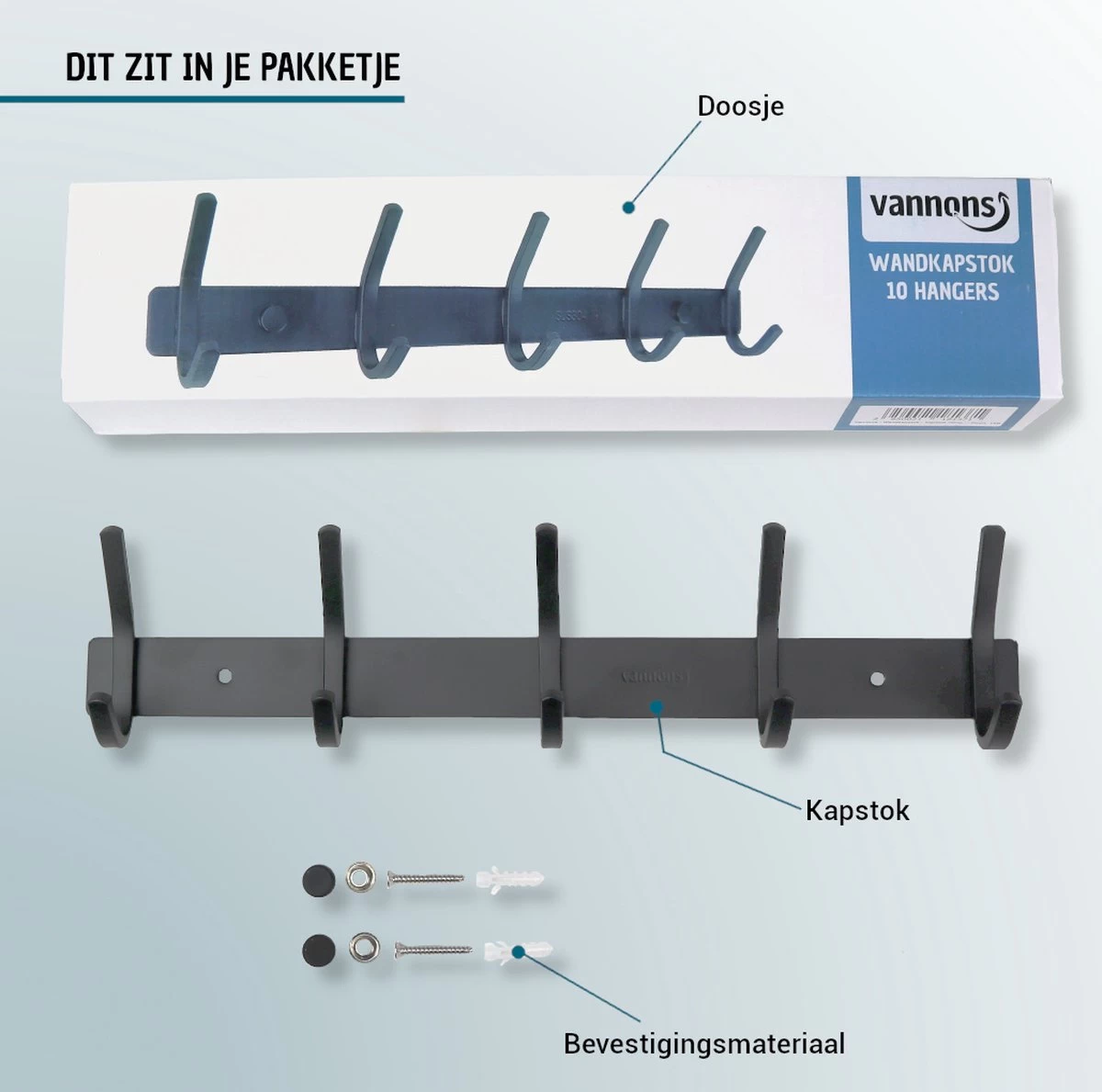 Vannons - Wandkapstok - Kapstok Hangend - RVS Metaal - 10 Hangers - Industrieel - Kapstok Zwart 7 Vannons - Wandkapstok - Kapstok Hangend - RVS Metaal - 10 Hangers - Industrieel - Kapstok Zwart - Afbeelding 7