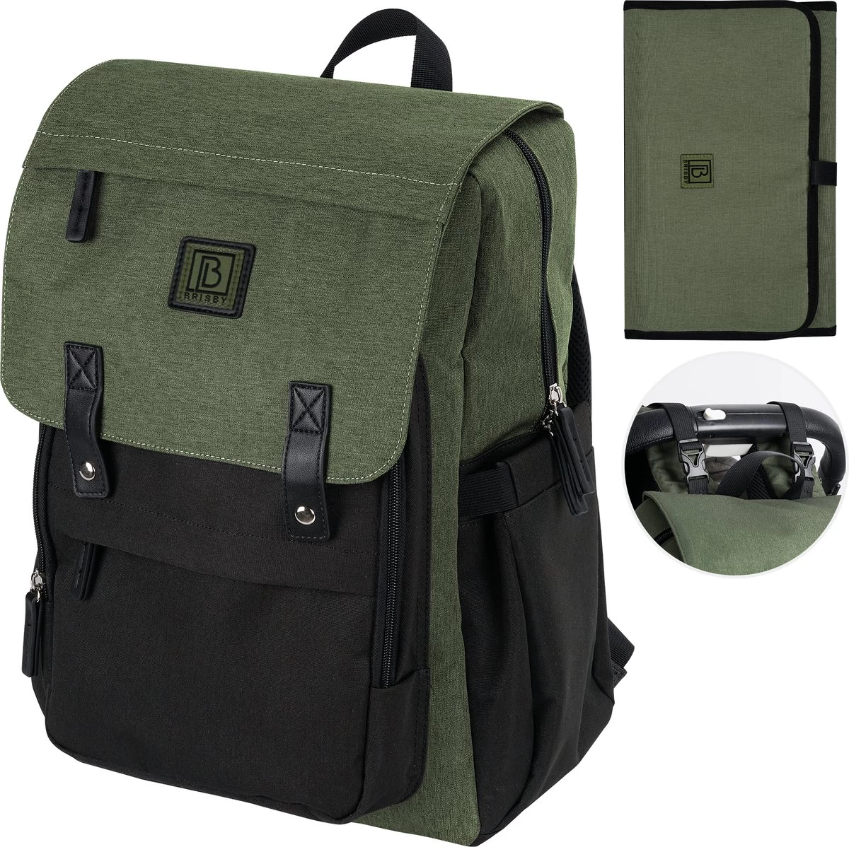 Brisby Slijtvaste Luiertas – Verzorgingstas - Two Tone Groen En Zwart - Inclusief Verschoonmatje - Isoleervakken - Met Geïntegreerde Kinderwagen Haken 1 Brisby Slijtvaste Luiertas – Verzorgingstas - Two Tone Groen En Zwart - Inclusief Verschoonmatje - Isoleervakken - Met Geïntegreerde Kinderwagen Haken