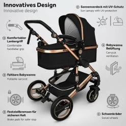 KIDUKU- 3 In 1 Combi-kinderwagen- Zwart/goud- Buggy Incl. Autostoeltje-regenhoes- Inklapbaar -Babyartikelen Winkel 1200x1200 701