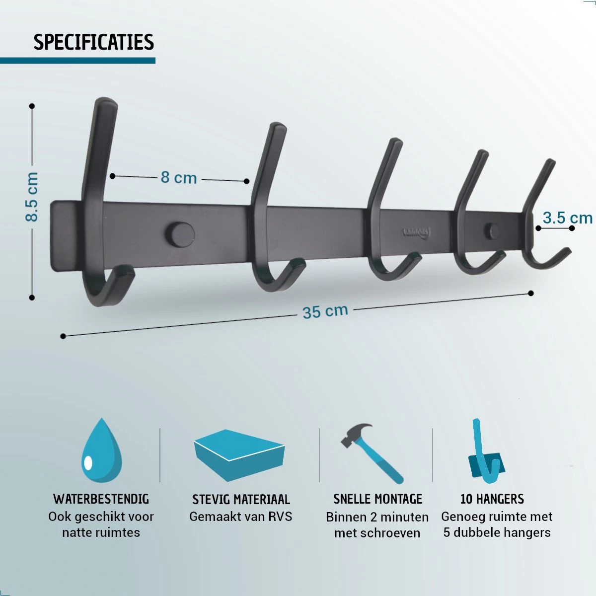 Vannons - Wandkapstok - Kapstok Hangend - RVS Metaal - 10 Hangers - Industrieel - Kapstok Zwart 8 Vannons - Wandkapstok - Kapstok Hangend - RVS Metaal - 10 Hangers - Industrieel - Kapstok Zwart - Afbeelding 8
