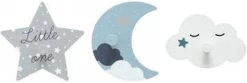 Kapstok Hout Ster - Maan - Wolkje. Set Van 3 Stuks. Kinderkapstok Wit - Blauw