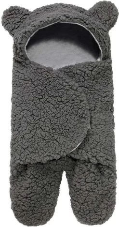 BonBini´s Teddy Bear Wikkeldeken Newborn - Zachte Donkergrijze Teddy Beer Inbakerdoek Newborn Baby - 0-3 Maanden - Donkergrijs 58cm